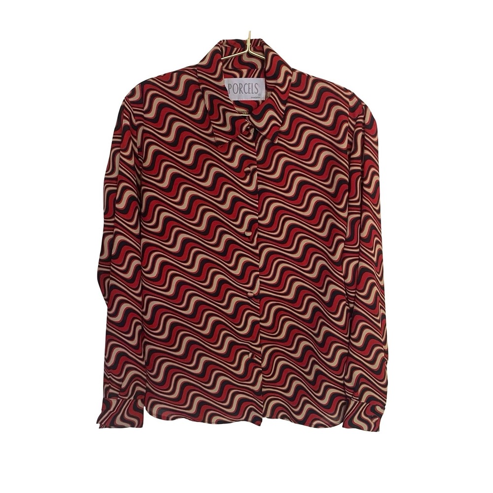 PORCELS Madame Women Long Sleeve Button Up Shirt Swirl Pattern Red Black Cream M